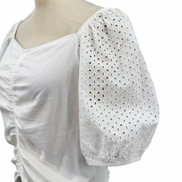 Gap NWT Sz L Crisp White Knit Eyelet Puff Sleeve Smocked Cropped Peasant Top - Picture 9 of 13